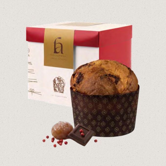 Panettone MARRON GLACE', CIOCCOLATO FONDENTE EXTRA E PEPE ROSA